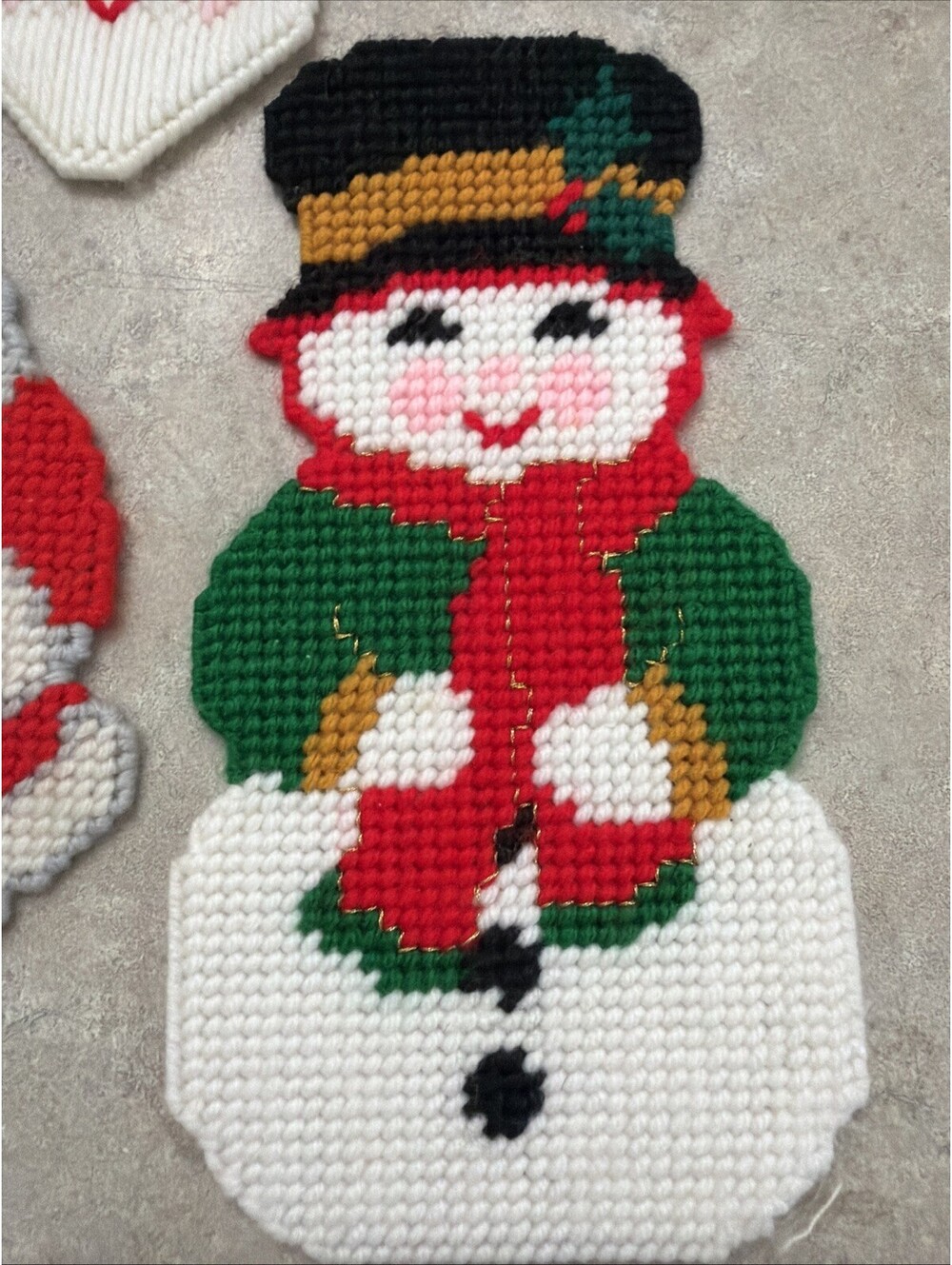 Vintage Christmas Needlepoint Plastic Canvas 10” Santa Snowman Snowwoman Lot 4 - Picture 2 of 6